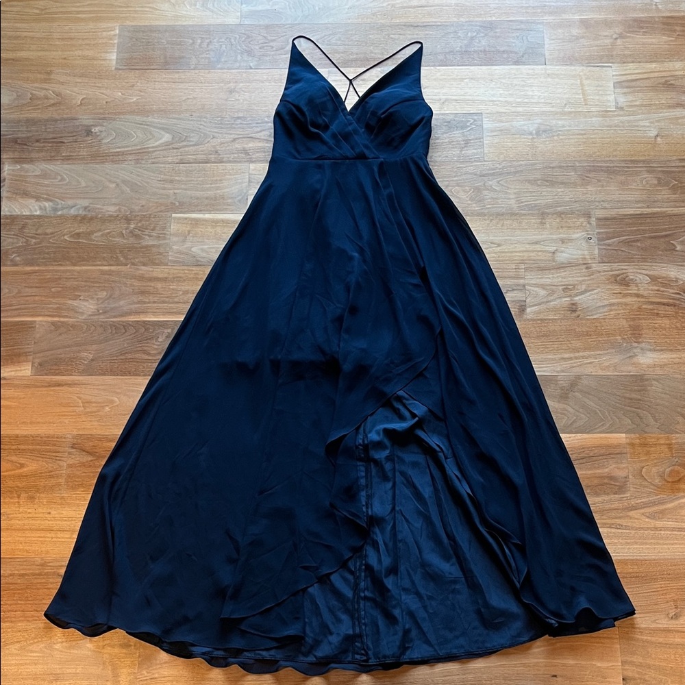 Elegant Navy High Low Evening Gown with Built In Bra
